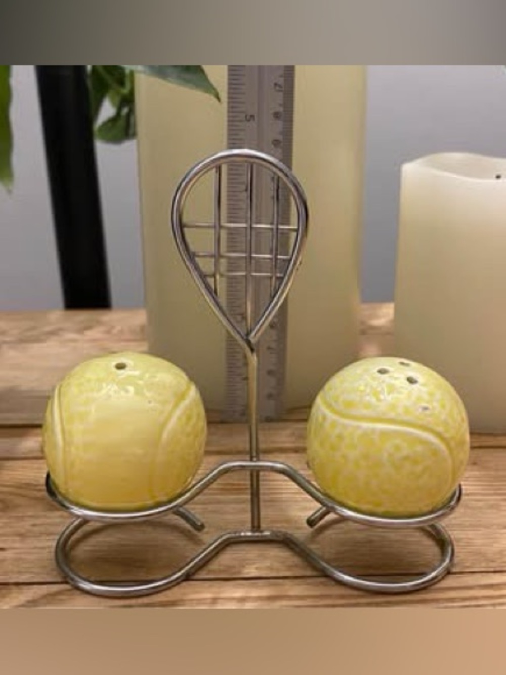 Vintage Tennis Ball Salt and Pepper Shakers with Metal Tennis Racket Caddy Sport